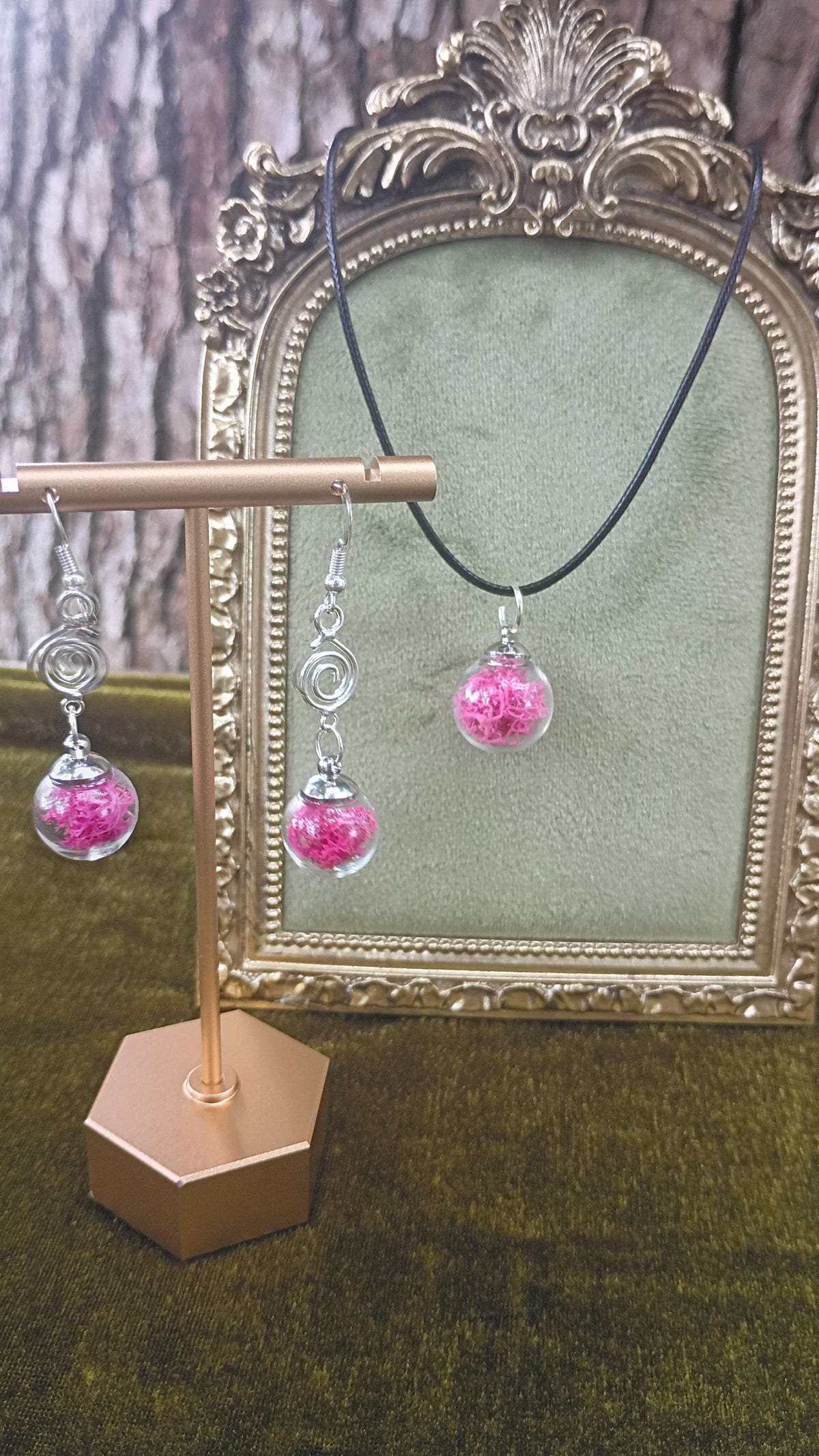 Pink Moss Glass Orb Jewelry